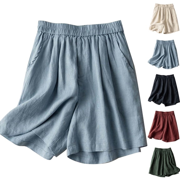 Wlynlyn Womens Shorts Plus Size Cotton Linen Shorts High Waisted Knee Length Shorts Pocketed Ladies Flowy Shorts