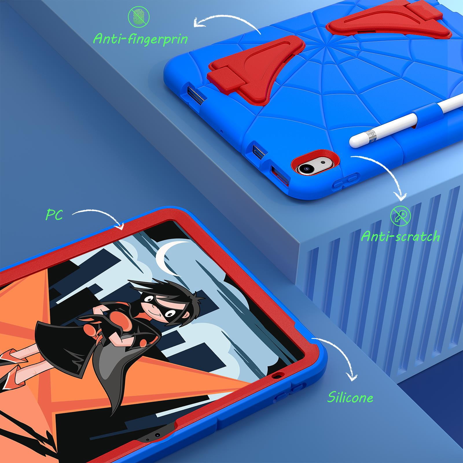 Kids Cases for iPad 10th Generation 2022,TECH CIRCLE Heavy Duty Shockproof Rugged Full Body Protective Sturdy Kickstands iPad 10.9 inch case with Pencil Holder for Kids Children Boys,Blue+Red