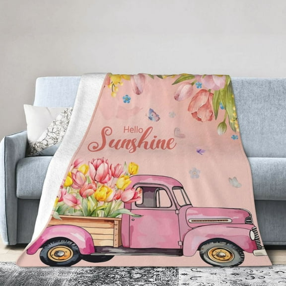 Spring Summer Theme Throw Blanket Farmhouse Tulip Truck Throw Blanket for Couch Sofa Bed Soft Cozy Fuzzy Fleece Blankets Pink Floral Flower Decorative Blanket Home Decorations 50x40