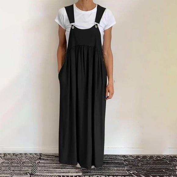 RBCKVXZ Denim Plus Size Dress for Women Loose Version Baggy Style Maxi Length Adjustable Straps Wide Hemline with Pockets Black XXL