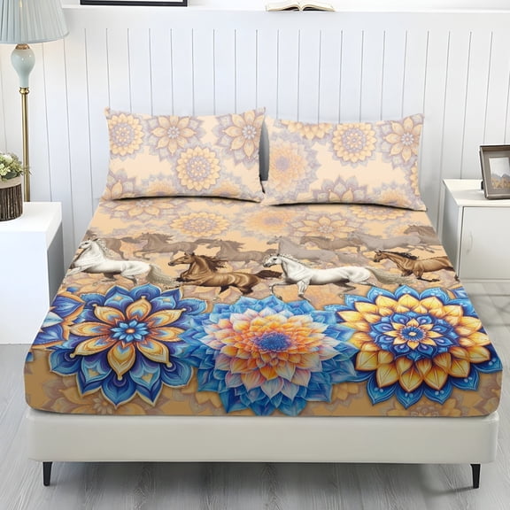 Whosucclay Mandala Horse Print 3 Piece Fitted Bedding Set, Cozy Wrinkle Free Fitted Sheets with 1 Fitted Sheet + 2 Pillowcases, Full Wrap Bed Linen, Full Size