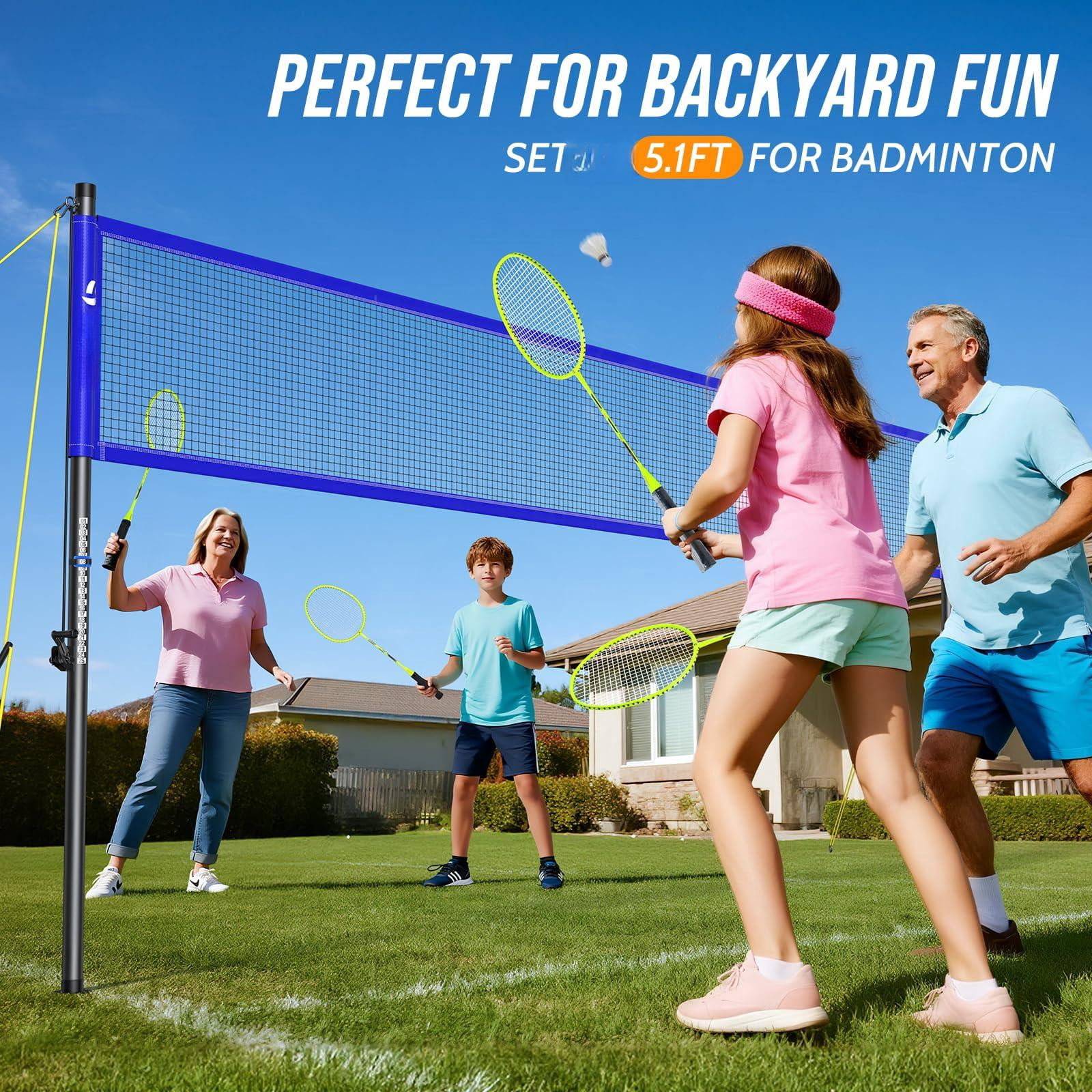 Volleyball Badminton Net Set Combo For Backyard Beach  2-in-1 Adjustable With 4 Heights (5.1-8ft) & 3 Widths (20-32ft) 4 Aluminum Rackets Goose Shuttlecocks Carrying Bag