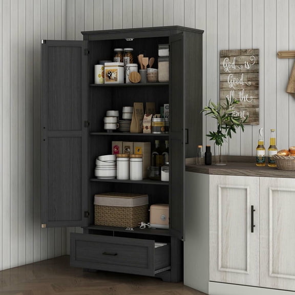 Resenkos 69" Tall Farmhouse Kitchen Pantry Cabinet with 2 Doors, Drawer and Adjustable Shelves for Dining Room, Black