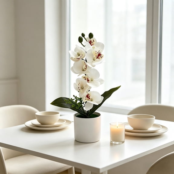 Artificial Phalaenopsis Orchid Potted Plant, Realistic Faux Orchid Arrangement in White Planter, Lifelike Home and Wedding Decor