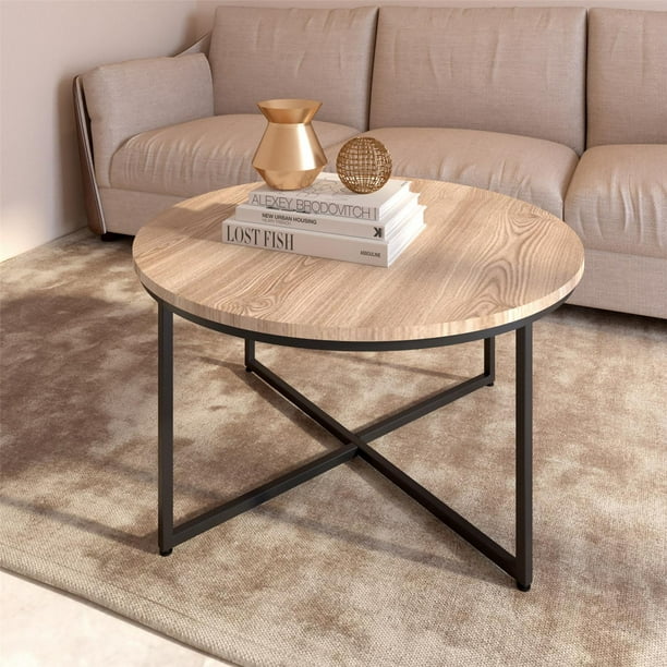 Modern Round Coffee Table With X Base, Round Light Color Wood Coffee Table
