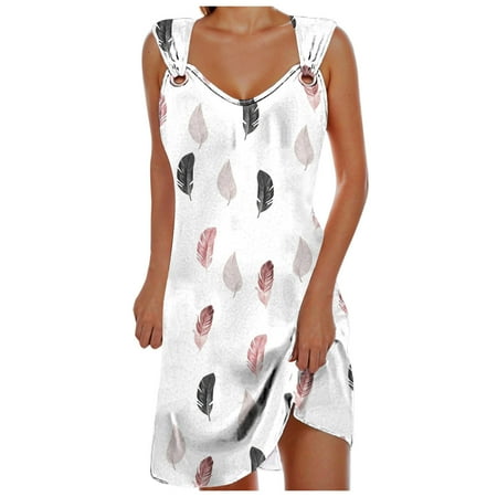Blphud Elegant Dresses for Women Summer Dress Women Vintage Bohemian Dress Daily Summer Casual Sleeveless Dress Print Hollow Out O Neck Cover Up Beach Dress Casual Dresses for Women Pink XXL