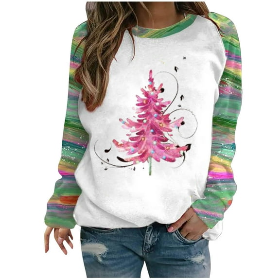 Savings Women Christmas Printed Sweatshirts Loose Raglan Sleeve Crewneck Shirts Fall Fashion Casual Tunic Tops (S, A White)