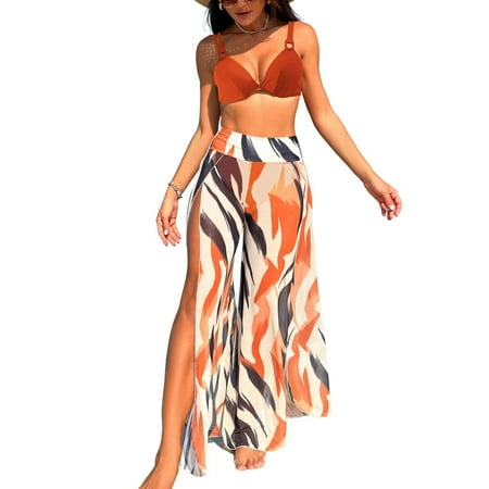 Previn Women s 3 Piece Bikini Set Cover Up Pant Printed Adjustable Shoulder Straps Bath Suit Cool Curvy Brief Beachwear Billowy Spring Break Coffee Medium