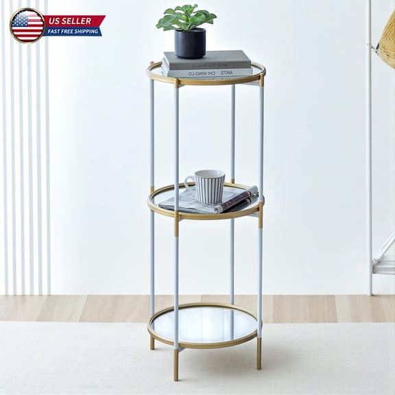 Hassch 3-Tier Round Accent Side Table with Mirrored Glass Shelves and Iron Frame, Gold & White End Table/Display Shelf for Living Room, Bedroom, Home Office, 16"Dia x 39.5"H