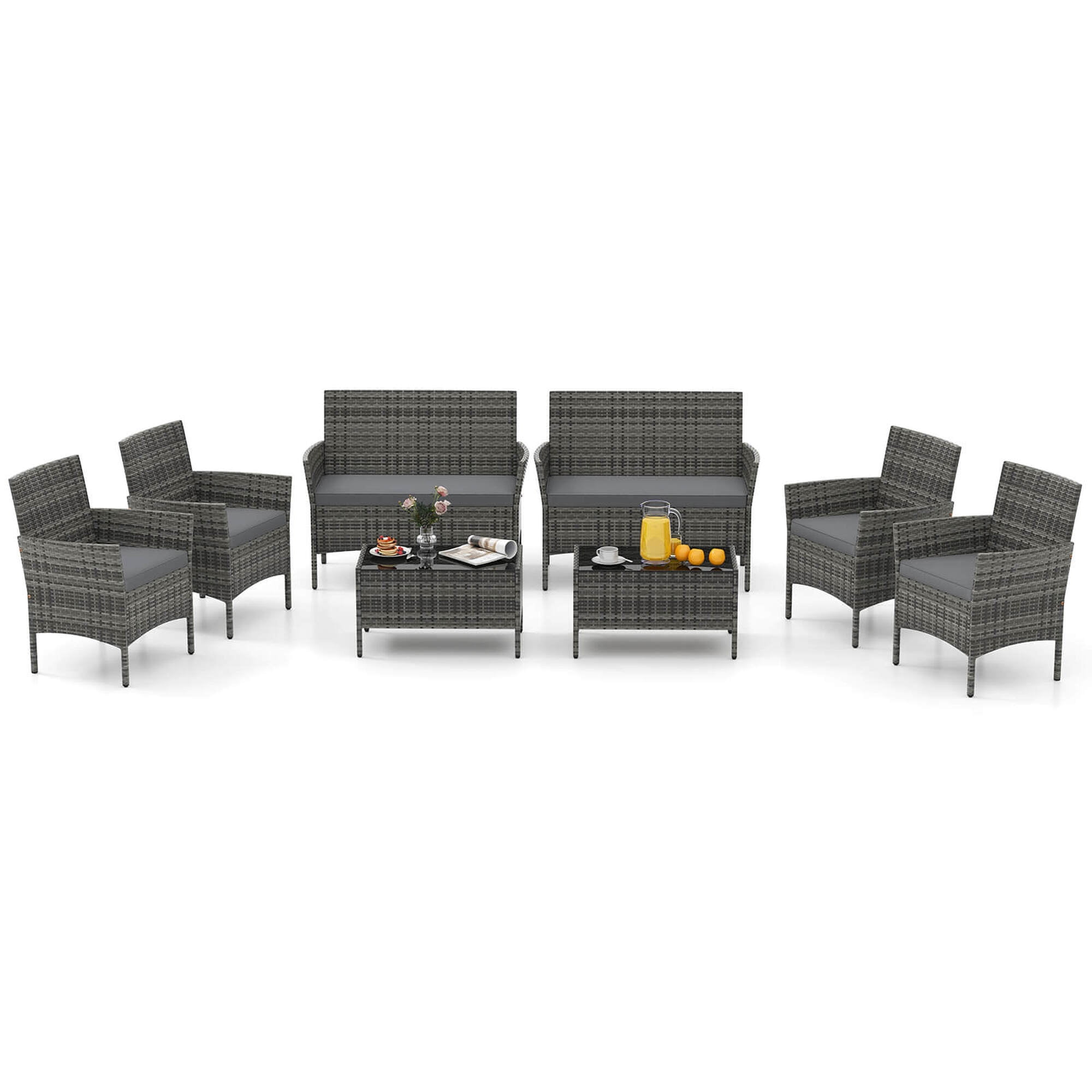 Costway 8 PCS Patio Furniture Set with Washable Cushions and Tempered Glass Coffee Table Gray