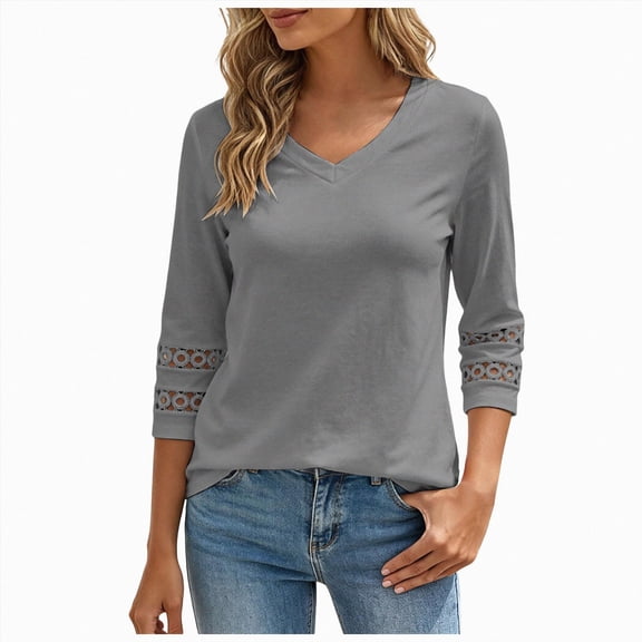 COMVALUE 3/4 Length Sleeve Womens Tops Dressy Casual Blouses for Women 2026 Trendy V Neck T Shirts Summer Clothes Grey for Size XXL