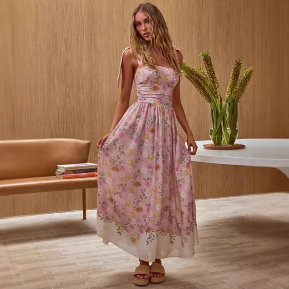 2026 Summer New Fashion Women's Pink Floral Tie-Strap Maxi Dress, Square Neck A-Line Linen Blend Dress