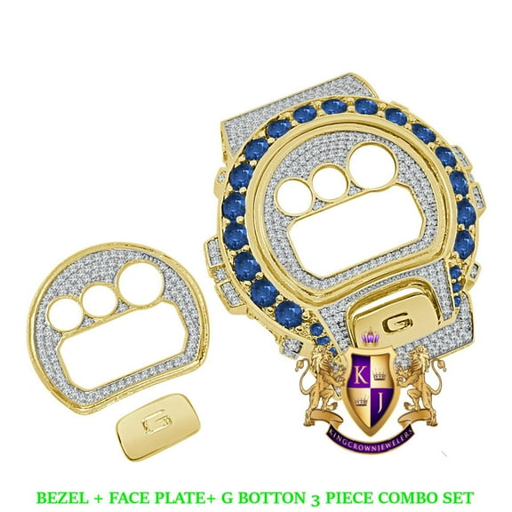 Solitaire Sapphire Blue Yellow Gold G Shock DW-6900 Simulated Diamond Watch Custom Cover Case Face Plate   Bezel   G Button 3 Piece Set