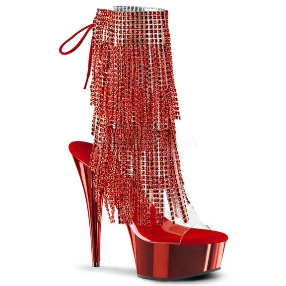 *6" Heel, 1 3/4" PF Open Toe/Heel Lace-Up Fringe Ankle Boot - Clr-Red/Red Chrome, 8
