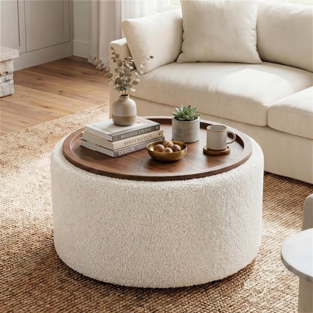 Gelloan 28" Round Storage Ottoman Coffee Table, Modern Boucle Ottoman with Lift-Off Lid and Solid Wood Legs for Living Room, Bedroom, Corners, Apartments,Boucle White
