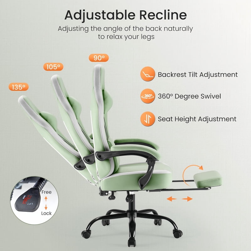 Kelno Ergonomic Gaming Chair with Footrest Lumbar Support Adjustable High Back Swivel Office Chair, Green