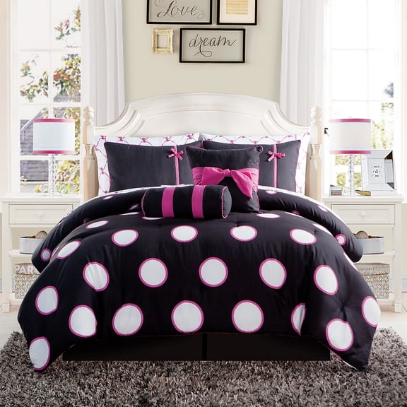 VCNY Home Kids' Sophie 8-Piece Black/Pink Polka Dot Polyester Bed in a Bag, Twin, Girls