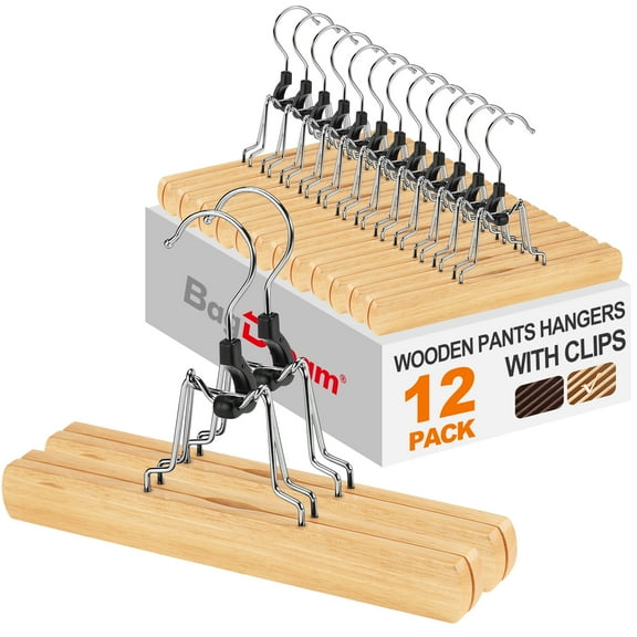 BagDream 12 Pack Wooden Pants Hangers with Clips, Smooth Finish Solid Wood Non Slip Skirt Hangers Jeans Slack Clamp Hanger, Natural