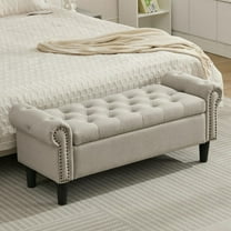 Storage , 50" Queen End of Bed , Linen Tufted Button Upholstered Bedroom , Storage Ottoman with Rolled Arms, Window  with Storage, for Living Room, Entryway Light Brown