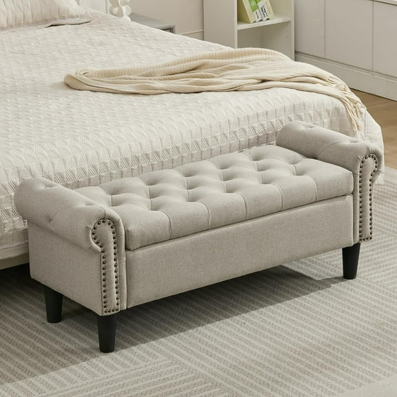 Storage , 50" Queen End of Bed , Linen Tufted Button Upholstered Bedroom , Storage Ottoman with Rolled Arms, Window  with Storage, for Living Room, Entryway Light Brown