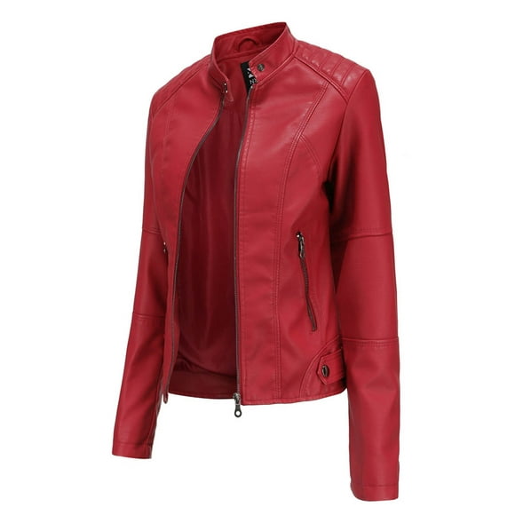 Lolmot New Ladies Slim Leather Stand-Up Collar Zipper Stitching Solid Color Jacket