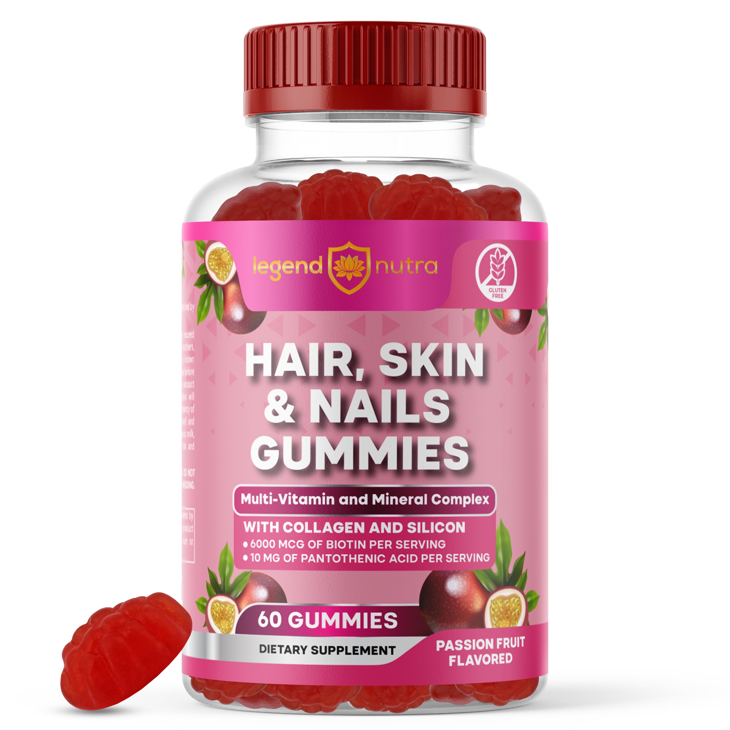 Hair, Skin & Nails Multi Vitamin & Mineral Complex with 6000 MCG of Biotin 60 Gummies Passion Fruit Flavored