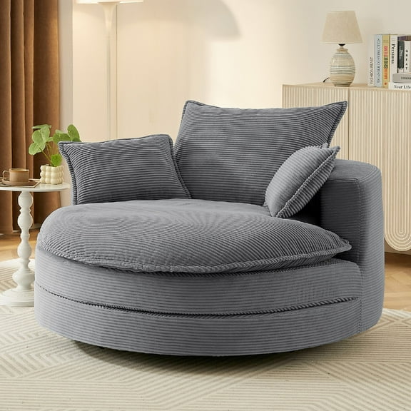 360° Swivel Sofa Chair Accent Barrel Chair 57.5" Swivel Round Chair with Dual-layer Cushion Design and 3 Removable Pillows for Living Room, Bedroom, Office, Apartment, Hotel, Easy Assembly, Gray