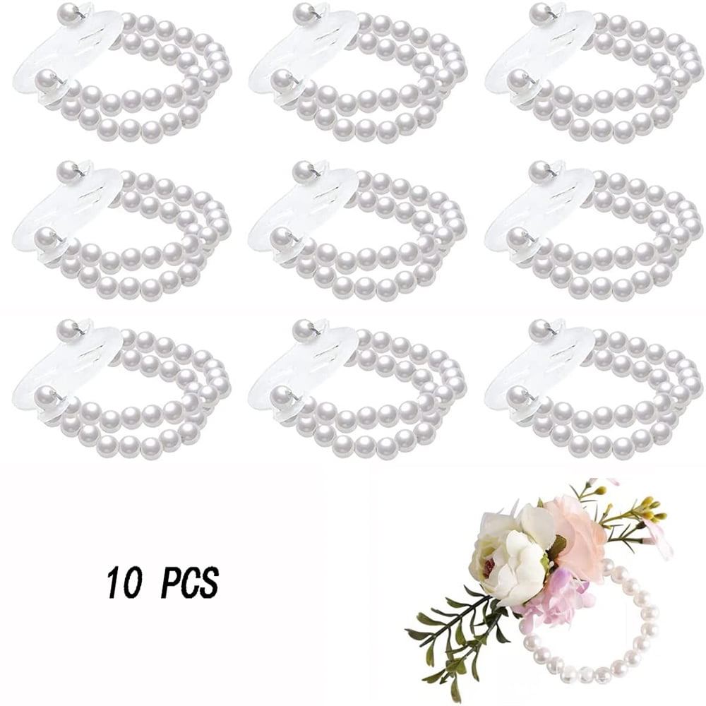 10pcs Elastic Pearl Wrist Corsage Bands Elastic Pearl Wedding Wristlets