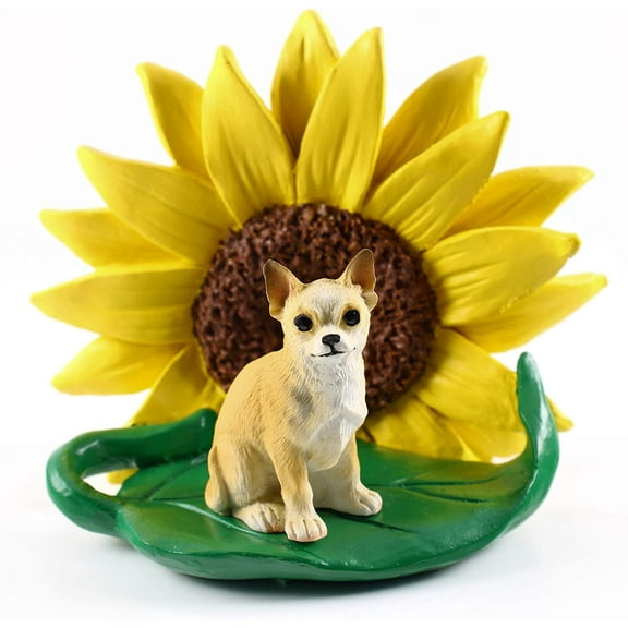 Conversation Concepts Chihuahua White and Tan Figurine  Sunflower Statue Gift: Realistic Hand Painted Sculpture, Summer Nursery or Home Office Desk Decor, Spring Shower Present