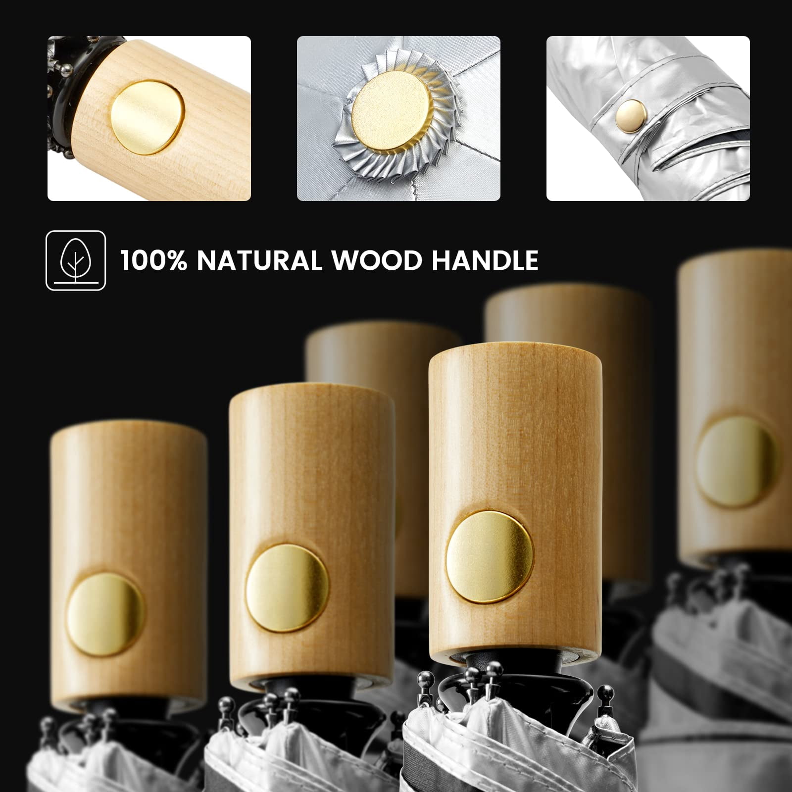 G4Free UPF 50+ UV Protection Travel Umbrella with Wooden Handle, 42 Inch Lightweight Sun Rain Folding Umbrellas Auto Open Close