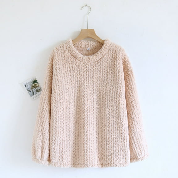 Winter Warm Fleece Sleepwear for Women Long Sleeve Thermal Pullover Pajamas Tops Soft Fuzzy Loungewear New Fleece Loungewear Tops for Women Pinky M