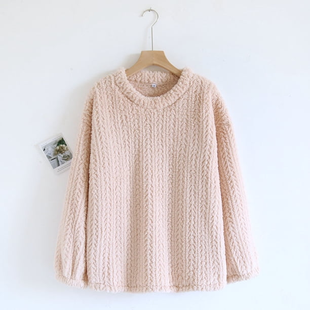 Pijama de manga larga para mujer, de invierno, de color liso, de franela gruesa con forro polar añadido, de manga larga, cálido, para el hogar, de poliéster.