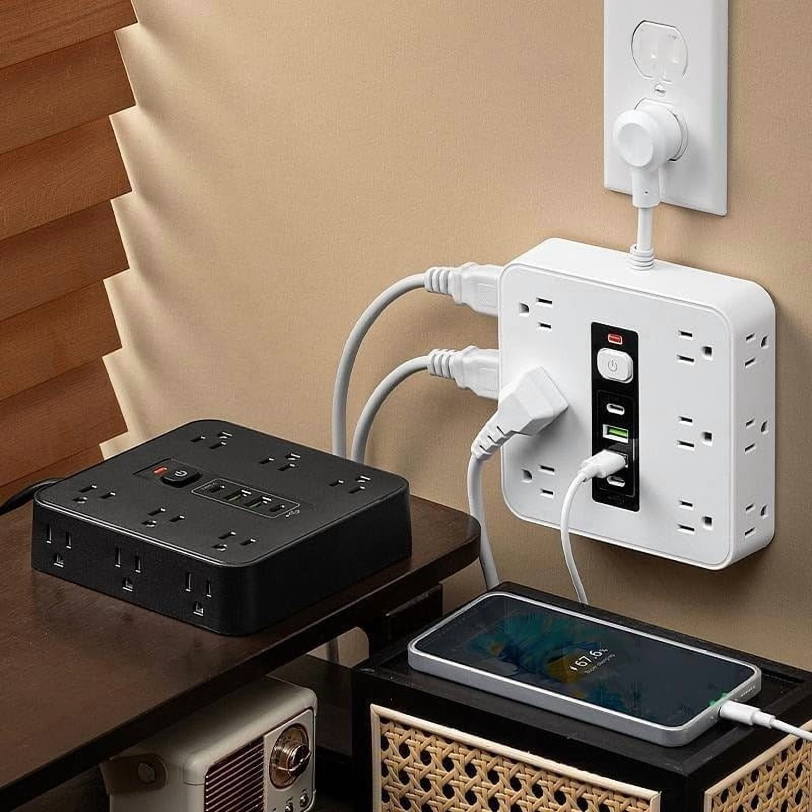 16-in-1 Power Strip Surge Protector with 12 AC Outlets, 3 USB-A & 1USB-C Ports, Time Display for Home & Office Use