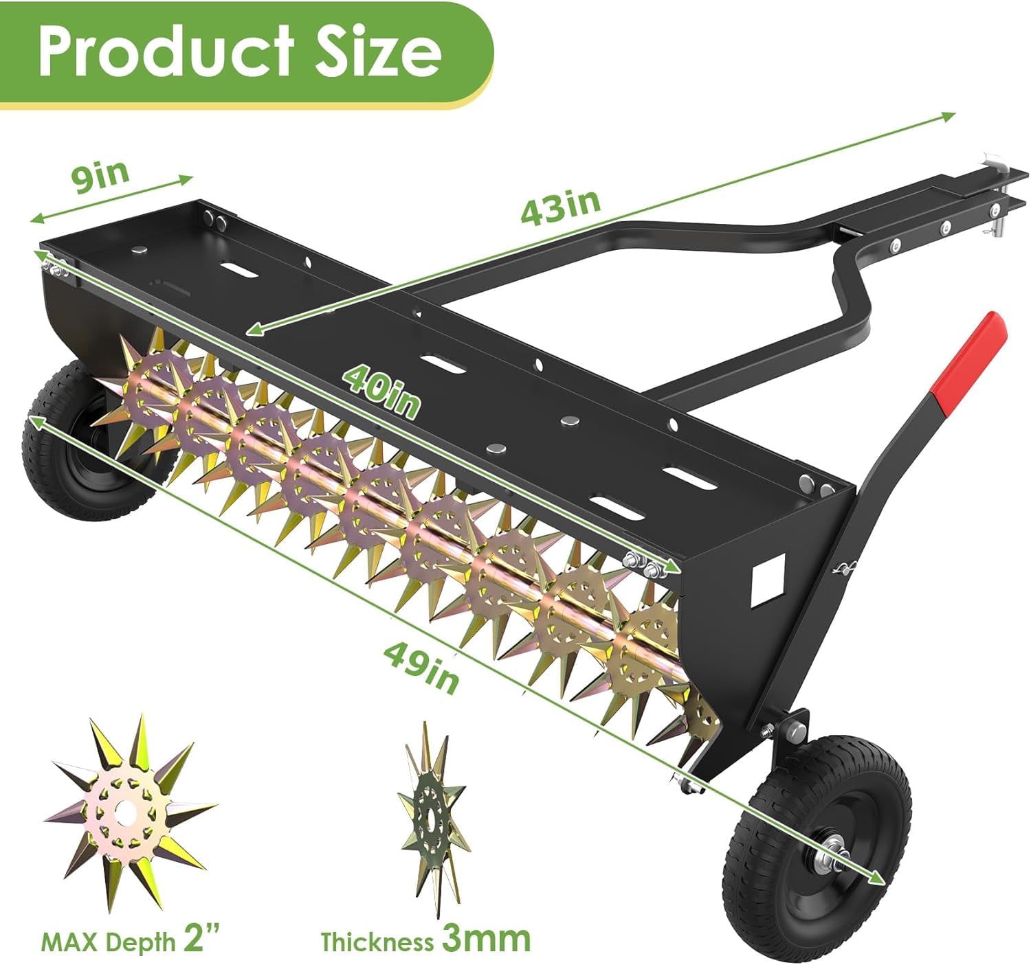 DKMOCO 40" Tow Behind Spike Aerator, Heavy Duty Rolling Lawn Aerator with 3D Steel Tines & Weight Tray and Folding Shovel for Lawn Garden Farm