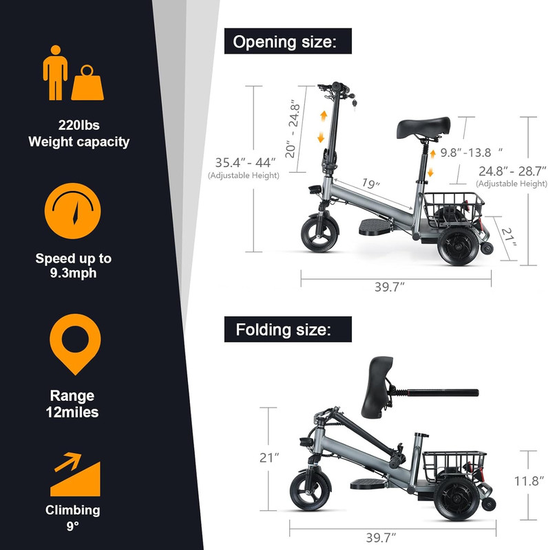 3 Wheel Mobility Scooters for Seniors, Lightweight Foldable Motorize Scooter with 300W Motor, Basket and Light, 43 lbs, 12 Miles Range