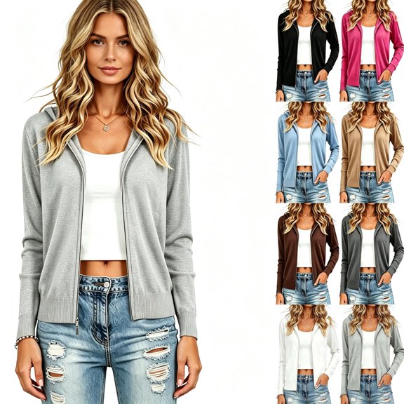 WQNVRNR Womens Hooded Cardigan- Zip Up Casual Long Sleeve Fall Winter Warm Outerwear Gray Size XL