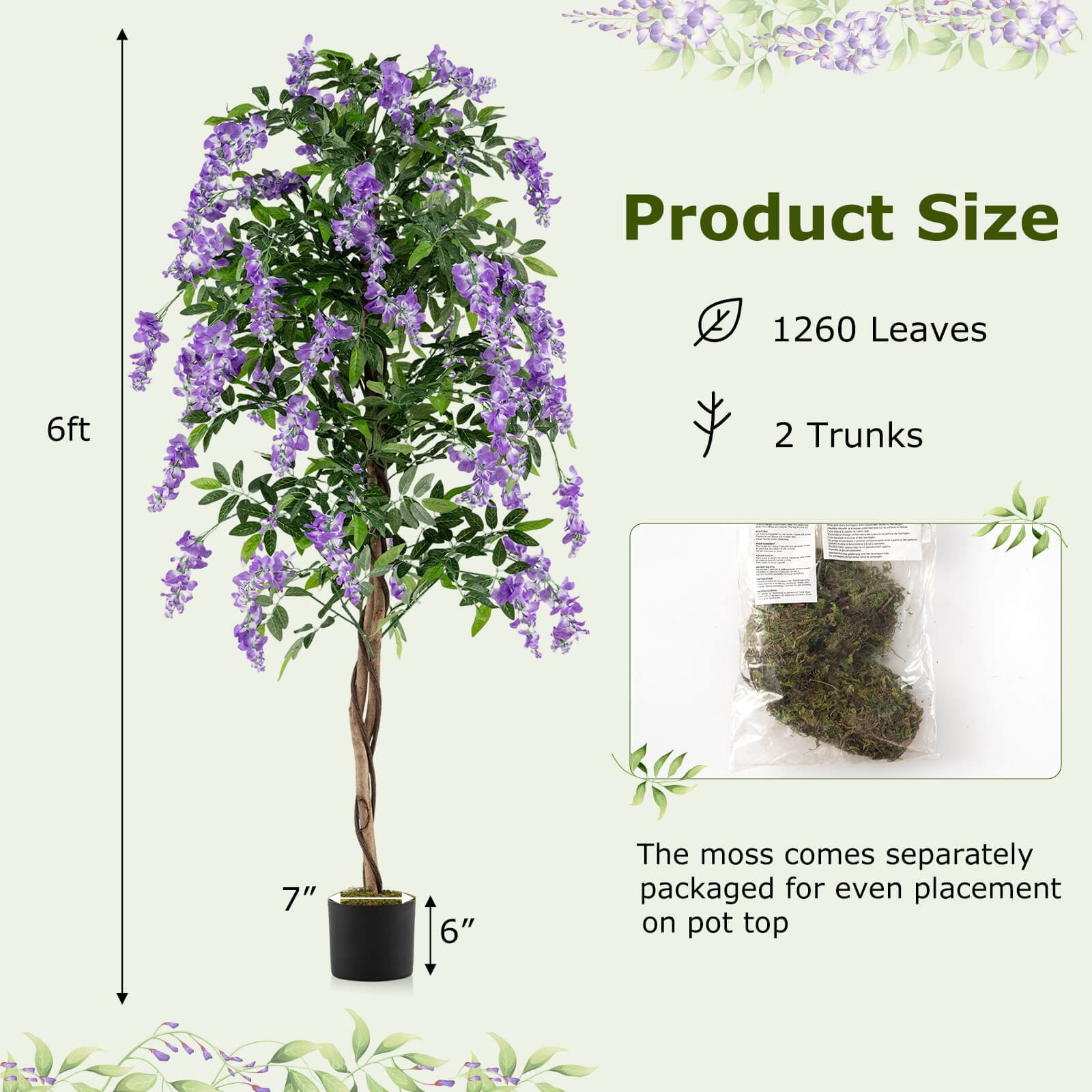 Costway 6 FT Artificial Wisteria Tree Set of 1 with Natural Trunks Purple Lifelike Flowers for Porch