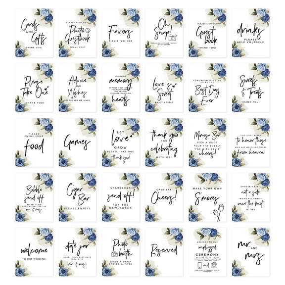 Koyal Wholesale Light Blue and Navy Blue Roses Wedding Signs Bundle 30 Set for Ceremony, Reception Decor, 30-Pack