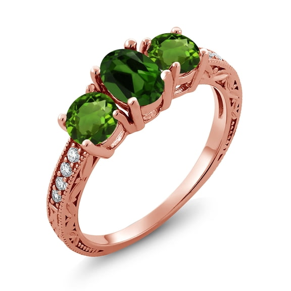 Gem Stone King 1.82 Ct Oval Green Chrome Diopside 18K Rose Gold Plated Silver Moissanite Ring (Size 8)