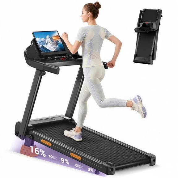 SONITU 16% Incline Folding Treadmill for Home, 3.0HP Quiet Motor, 300 lbs Capacity, 7-Layer Cushioning, 3 LED Displays with Handrails