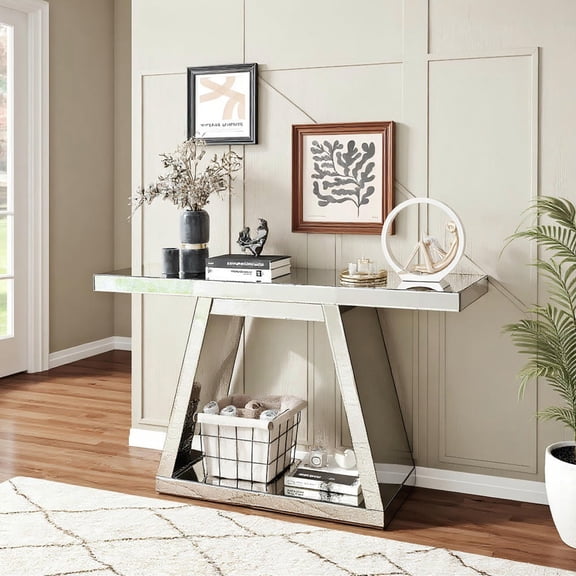 GVN Console Table, Entryway Table, 55.9" Modern Luxe Full-Body Mirror Entryway Table with Trapezoid Base