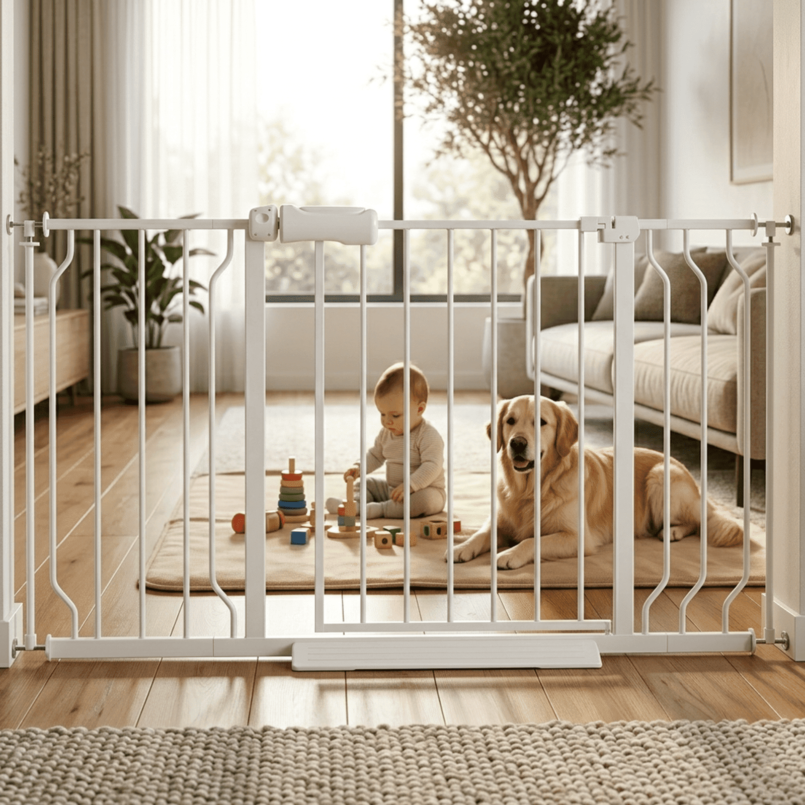 40" Tall Baby Gate for Stairs & Doorways, 43-52" Adjustable Safety Pet Gate, No-Drill Pressure Mount Metal Barrier with Auto Close Door, Child & Pet Protection, White