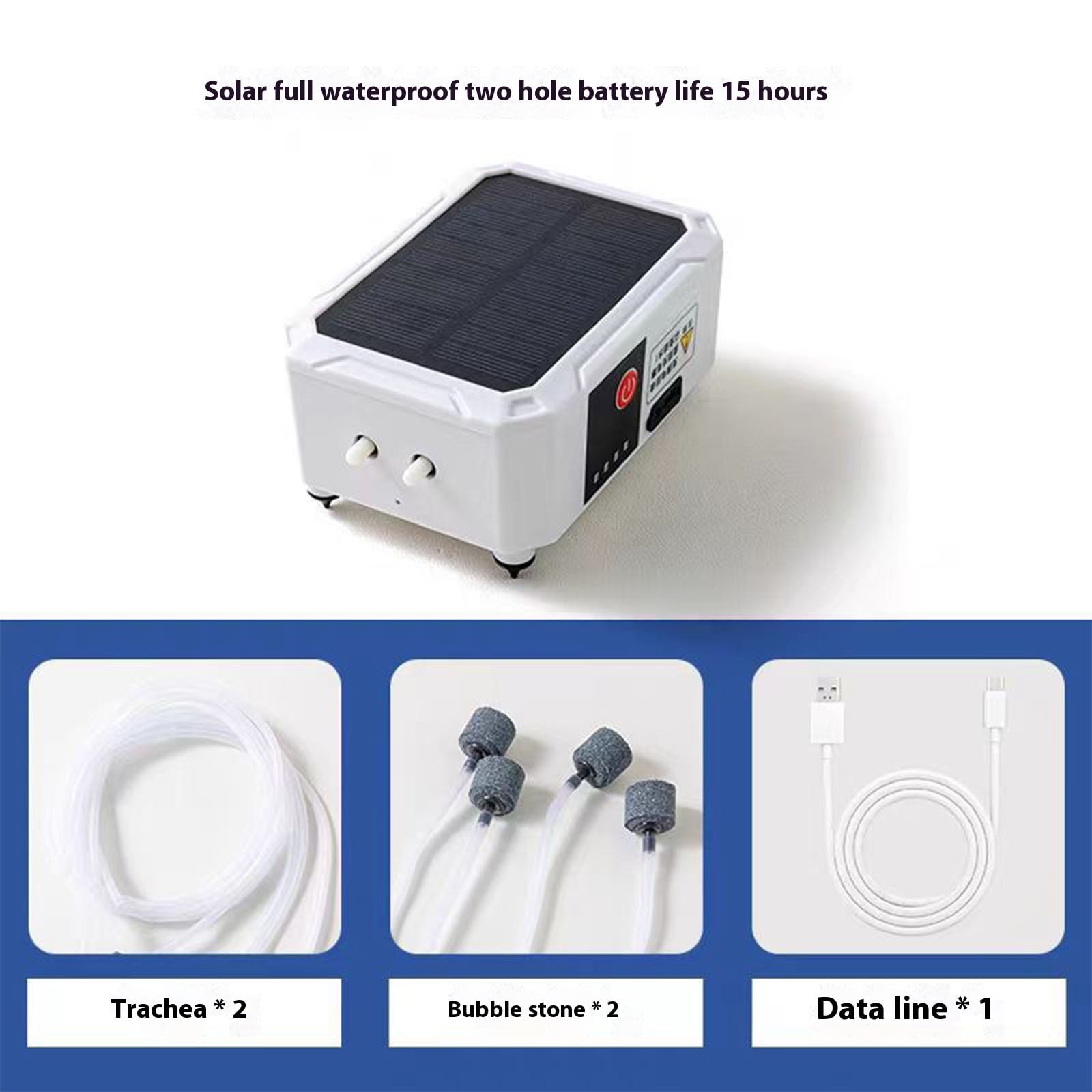 Solar Powered Oxygen Pump - 4.13x2.95x1.77in Dual Hole Aerator for Fish Tank Bait Bucket, USB Rechargeable Water Pump for Outdoor Fishing and Home Aquarium