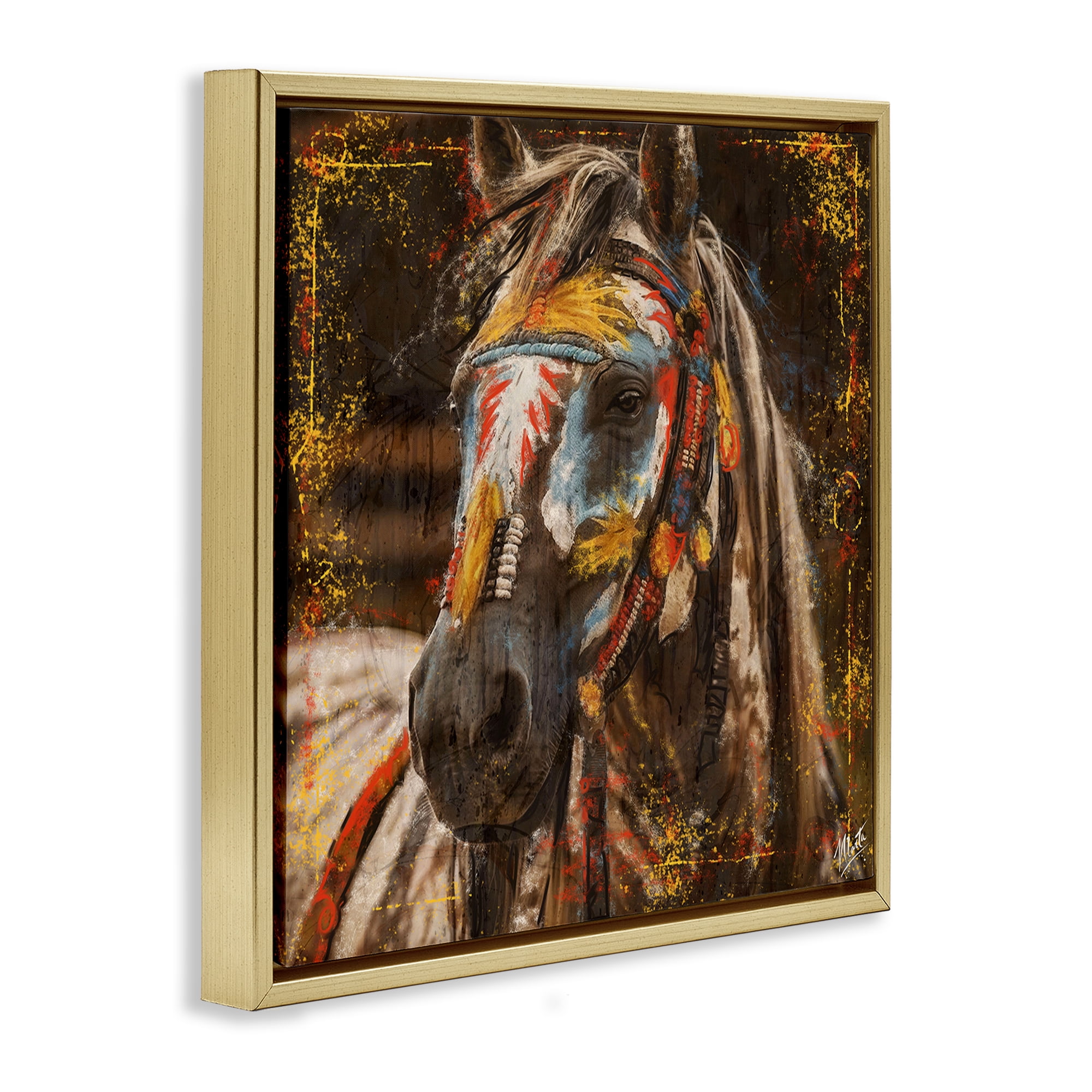 Stupell Industries Patterned Horse Visage Animals Painting Gold Floater Framed Canvas Art Print Wall Art, 18 x 18