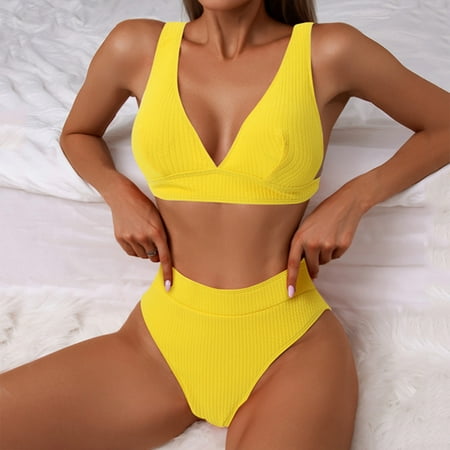High Waisted Bikini Sets for Women Deep V Neck Swimsuits Thong Bikinis Ruched High Cut Push Up Tankinis Two Piece Beachwear XL