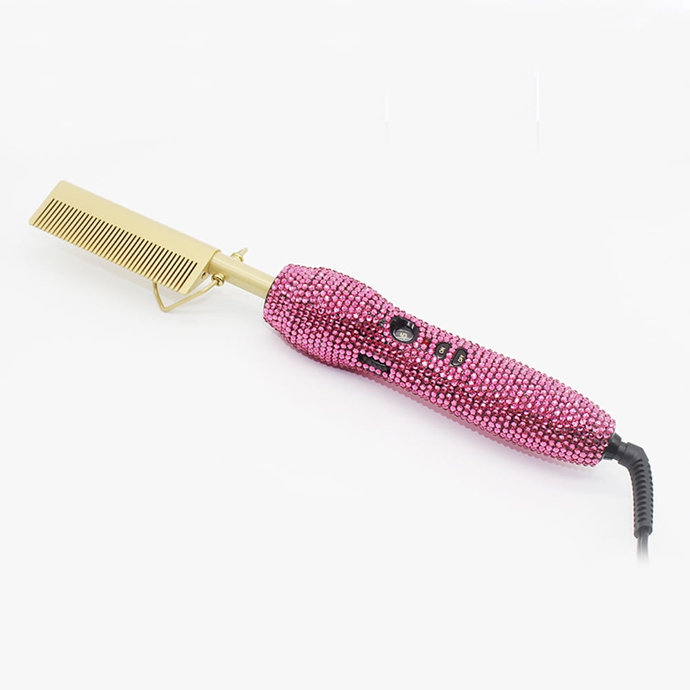 Diamond handle Electric Hot Comb Hair Straightening Heat Pressing Comb Multifunctional Copper Hair Straightener Brush- Straightening Comb Pink