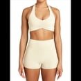 thumbnail image 1 of Conjuntos Entrenamiento para Mujer 2 Piezas,Sujetador Deportivo con Cuello Halter y Arrugas,Pantalones Cortos Ciclista Cintura Alta,Ropa Ejercicio para Gimnasio Yoga Albaricoque M, 1 of 9