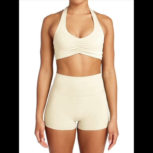 Conjuntos Entrenamiento para Mujer 2 Piezas,Sujetador Deportivo con Cuello Halter y Arrugas,Pantalones Cortos Ciclista Cintura Alta,Ropa Ejercicio para Gimnasio Yoga Albaricoque XL
