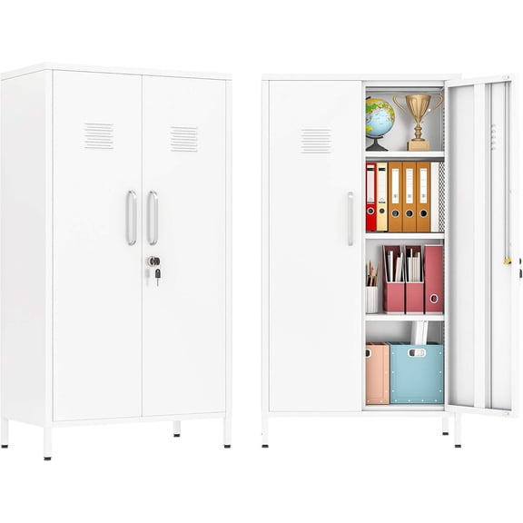 47" Metal Storage Locker with 2 Doors and Adjustable Shelves, Lockable Steel Cabinet for Home, School, Office, or Gym (White)