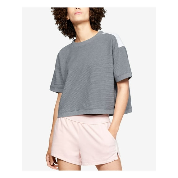 UNDER ARMOUR Womens Gray Moisture Wicking Ribbed Logo Tape Across Back Short Sleeve Crew Neck Top M